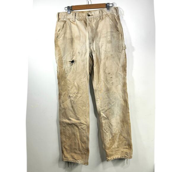 Carhartt B111 Flannel Lined Work Pants Men’s 33x33 Brown Tan Canvas Distressed - Picture 1 of 10